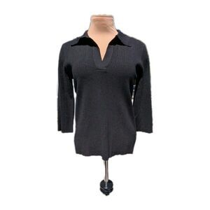 New Tuckernuck Black Ribbed Knit Long Sleeve Polo Shirt Top Womens Medium Casual